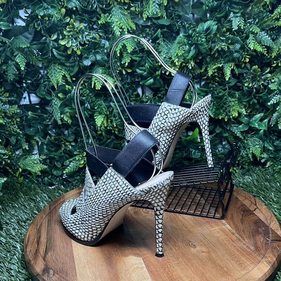 NINE WEST Heels‎ Women 9 Black White Snake Print Open Toe Sling back 2108 - Picture 4 of 13